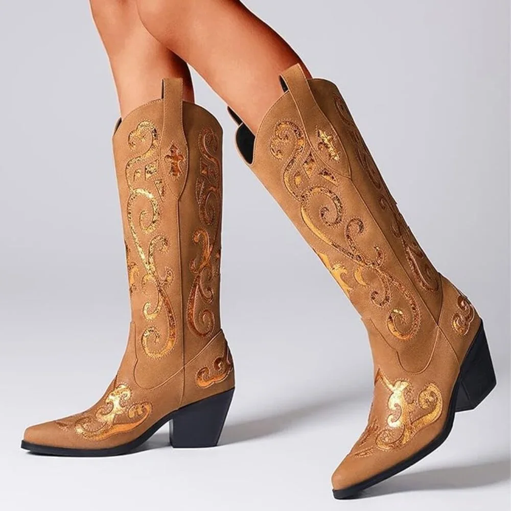 Cowgirl Mid Calf Floral Embroidery Pointed Toe Chunky Boots